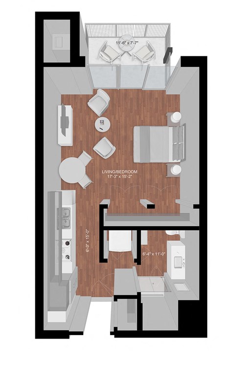 Floor plan for studio, 1 bath, 579 sqft
